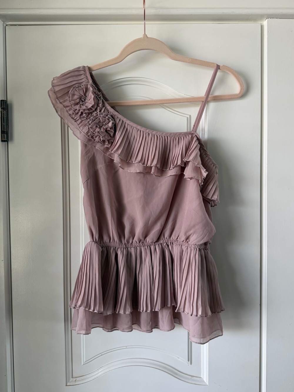 Y2K Cecico Dusty Rose One-Shoulder Beaded Ruffle Top